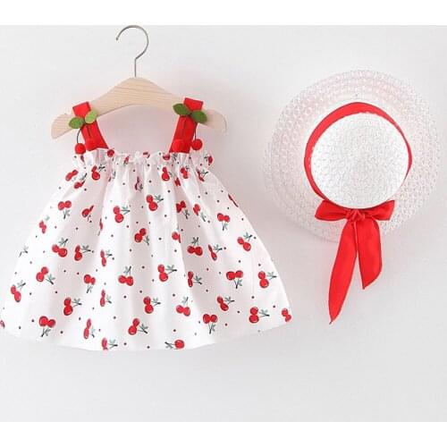 Toddler Baby Summer Dress Kid Girl Sleeveless Strap Cherry Print Princess Dress+hat Outfit Set Cute Casual Loose A-line Dresses