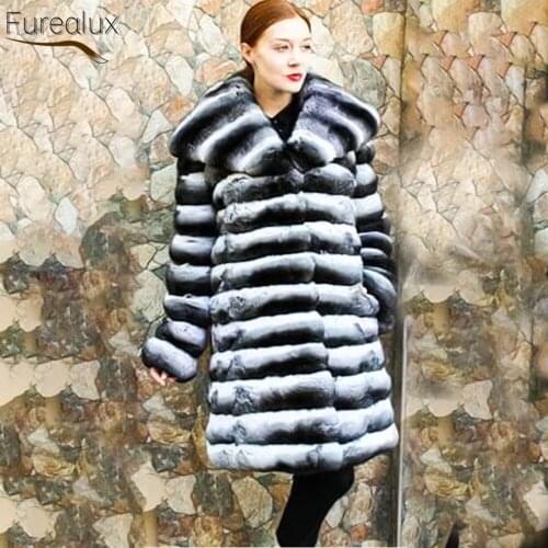 FUREALUX Real Natural Rex Rabbit Fur Coat Authentic Leather Grass Mid-length Winter Fashion Temperament Striped Womens Clothing