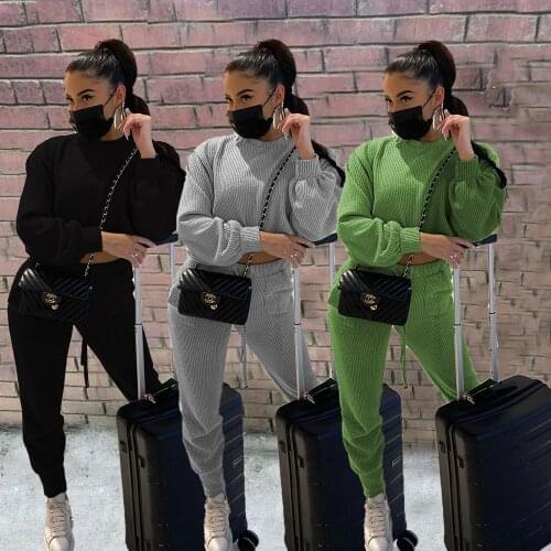 Echoine Winter Autumn Ribbed O-neck Long Sleeve Hoodies Crop Top Pocket Penci Pants Set Tracksuit for Women Sweatsuit Joggers