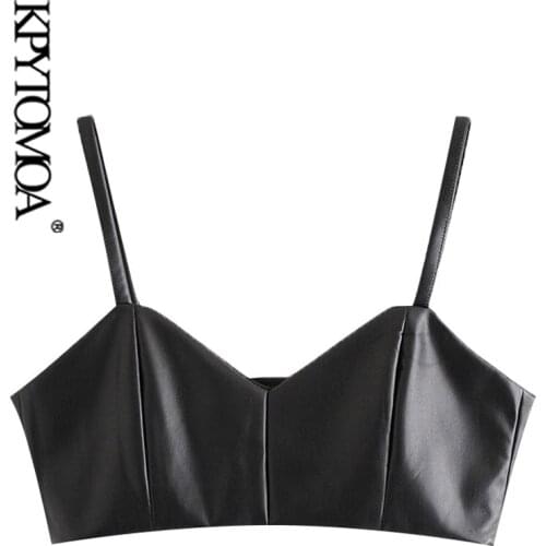 KPYTOMOA Women 2021 Sexy Fashion Faux Leather Cropped Tank Top Vintage V Neck Side Zipper Wide Straps Female Camis Chic Tops