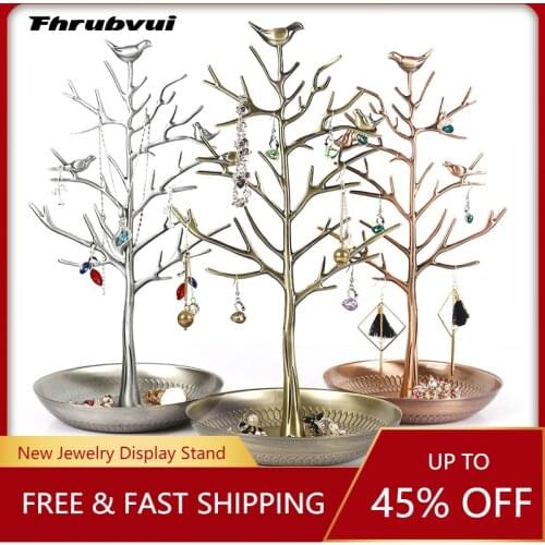Creativity Silver Birds Tree Jewelry Stand Display Earring Necklace Holder Organizer Rack Tower