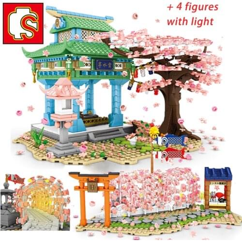 SEMBO Creator City Street View Japanese Cherry Blossom Sakura Tree Inari Shrine House Model Building Blocks Toys for Children