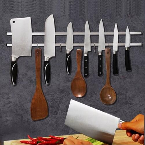 Powerful Magnetic Knife Holder Stainless Steel Knife Block With Hooks Utensils Storage Magnet Knife Rack Strip Wall-mounted