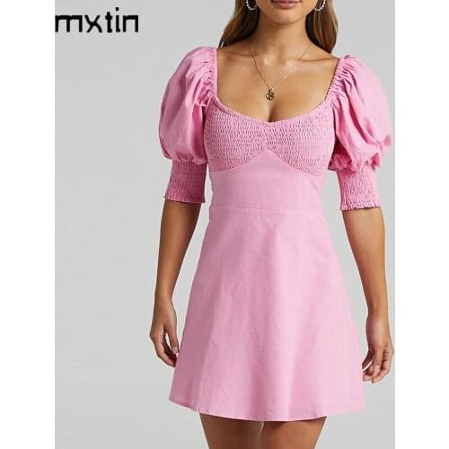 MXTIN 2021 Women Vintage Puff Sleeve Pink Midi Dress Peated Square Collar Elasticity Female Party Dresses Chic Vestidos Mujer