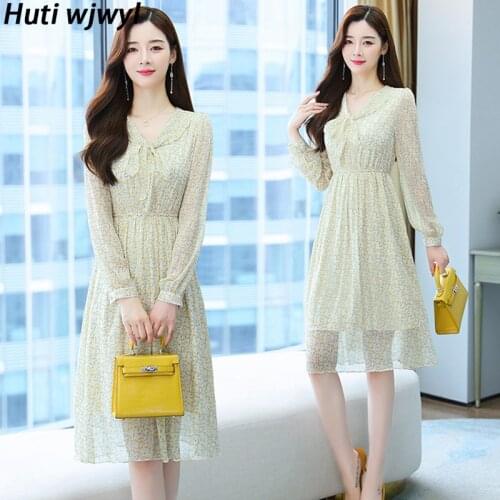 Spring Autumn New Boho Floral Chiffon Casual Beach Dress Long Sleeve Elegant Korean Dress 2021 Vintage Bodycon Party Midi Dress