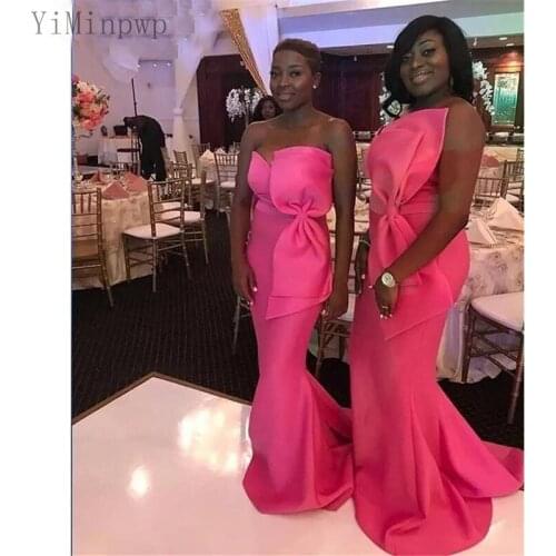 YiMinpwp Hot Pink Mermaid Bridesmaid Dresses Sweet Heart Sweep Train Big Bow Garden Wedding Guest Gowns Maid of Honor Dress