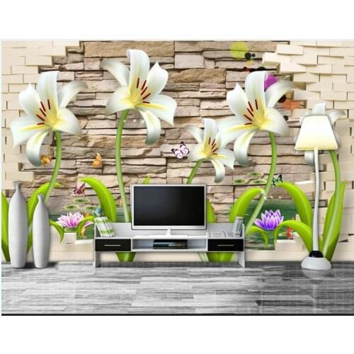 Custom photo 3d wallpaper Vintage brick wall lily flower butterfly living room 3d wall murals wallpaper for home decor