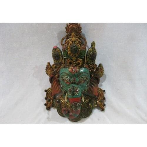 Tibet Buddhism Wood and turquoise coral Elephant mammon God Head Mask