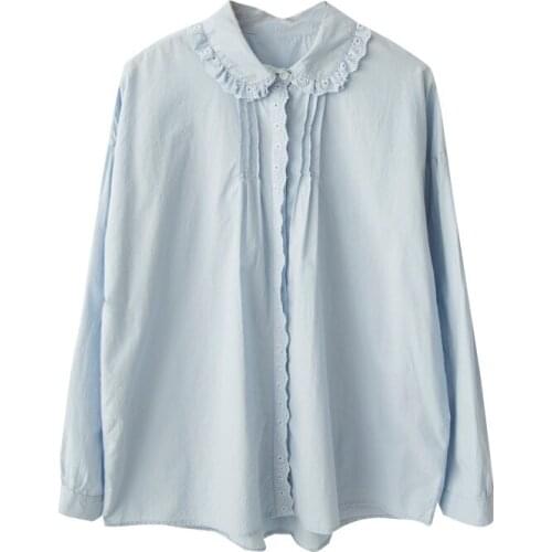 FairyNatural Women Unique Pleated Lacing Decorated Shirts Peter Pan Collar Female Folds Cotton 100% Brief Tops