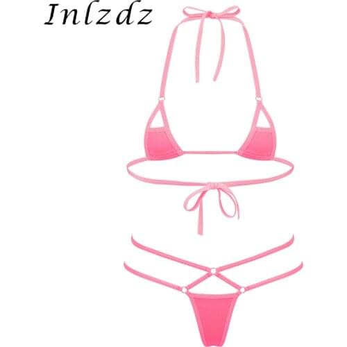 Womens Micro Swimwear Swimsuit Strappy Lingerie Suit Lace Up Halter Neck Bra Tops Strappy T-back Briefs Erotic Sexy Bikini Set