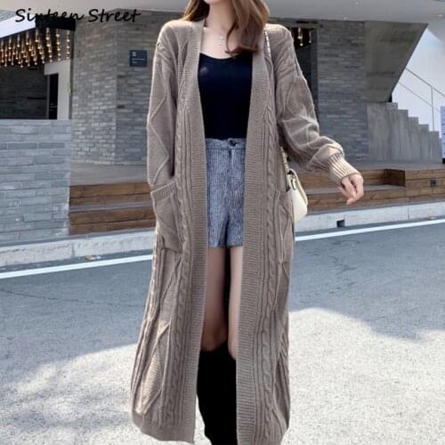 Twist Autumn Long Knitted Cardigan Woman Winter Oversized Full-sleeve Maxi Sweater Black Korean Elegant Warm Knit Coat Female