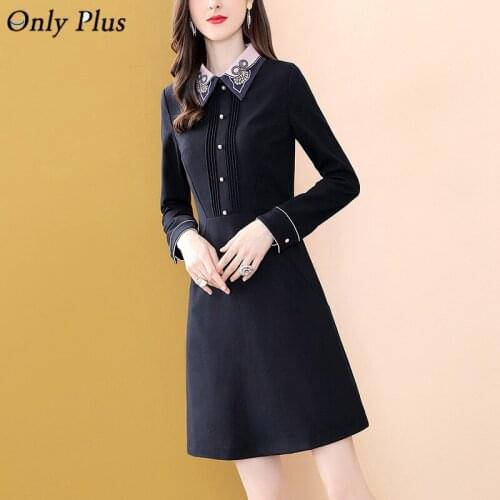 Only Plus Deep Blue OL Women Dress Turn Down Collar Long Sleeve A-Line Dresses Button Office Lady Winter Elegant Slim High Waist