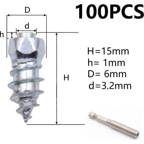 100PCS 6*15mm Car Tires Studs Screw Snow Spikes Wheel Tyres Snow Chains Studs For Shoes ATV Car Motorcycle Tires Winter