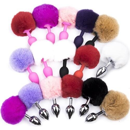 Hairy Bunny Rabbit Tail Anal Plug Gay Fetish Butt Plug Small Size Stainless Steel Silicone Waterproof Rhinestone Stopper Game