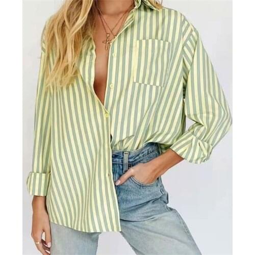 Spring Autumn Women’s Blouse Oversized Boyfriend Style Shirts Long Sleeve Striped Print Blue Green Loose Button Down Tops