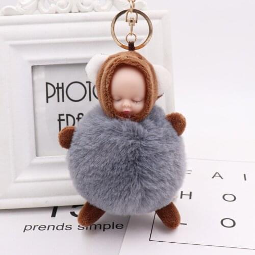 1Pcs Cute Fluffy Sleeping Baby Keychain Pompom Rabbit Fur Ball Key Chain Car Keyring Women Key Holder Bag Pendant Charm Jewelery