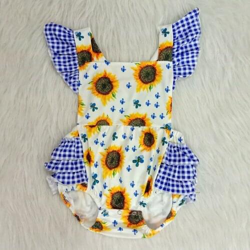 Kids flutter sleeve romper for summer baby girls sunflower pattern jumpsuit fashion boutique strap rompers