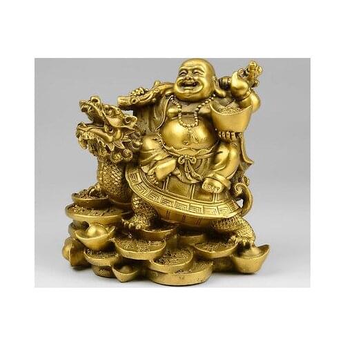 Chinese Copper Wealth Money Happy Laugh Maitreya Buddha On Dragon Turtle Statue