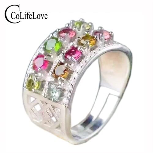 Pure 925 silver wide ring with tourmaline 10 pcs natural multicolor color tourmaline ring sterling silver tourmaline ring