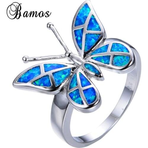 Bamos New Unique Female Animal Jewelry Blue Fire Opal Butterfly Rings For Women Top Quality White Gold Filled Lover Gifts RP0184