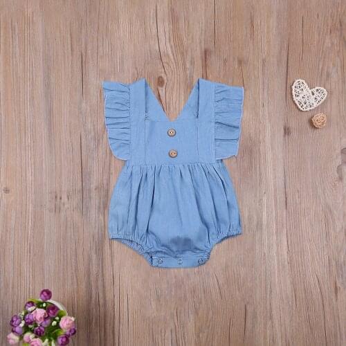 Summer New Baby Girls Casual Blue Denim Bodysuit Solid Color Ruffle Sleeveless Square Collar One-piece Jumpsuit