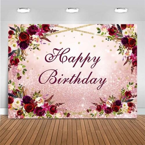 Mocsicka Happy Birthday Party Background for Photo Studio Adult Women Red Rose Floral Birthday Backdrop Photography Pink Glitter