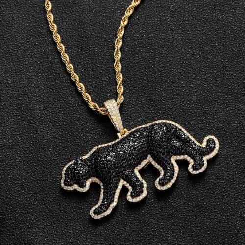 Hip Hop Black CZ Stone Paved Bling Iced Out Cheetah Leopard Pendants Necklaces for Men Rapper Jewelry Gift Drop Shipping