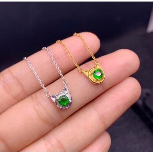 Natural green diopside Necklace natural gemstone Pendant Necklace S925 silver lovely Small Cat Ears girl party gift fine Jewelry