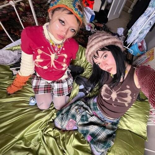 New Y2K Aesthetics Butterfly Print Brown Crop Tops Indie Streetwear O-neck Sleeveless Tank Tops 90s Fashion Summer Vests