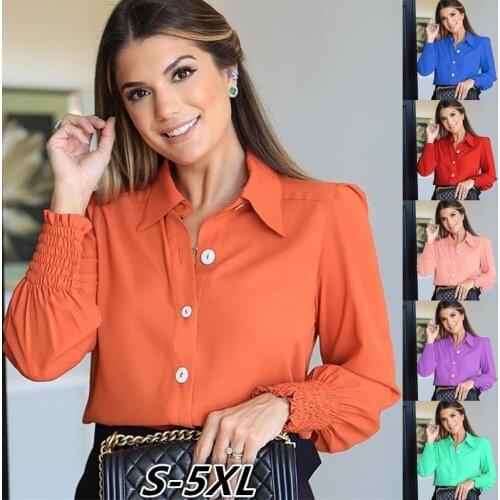 Autumn And Winter Womens Shirt Solid Color Lapel Pleated Long Sleeve Elegant Work Shirt Plus Size Top Blusas Mujer De Moda