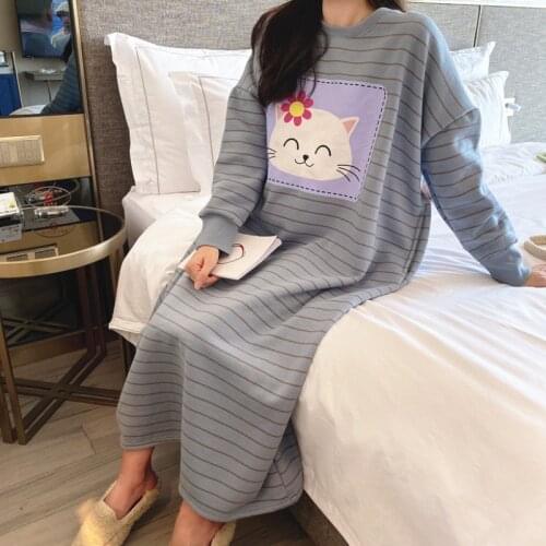 Striped Thicken Nightgown Lady Cotton Sleepdress Nightwear Print Cat Homewear Night Dress Winter Autumn Home Clothing Bath Robe