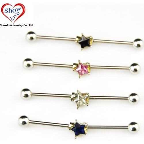 Showlove PAIR Surgical Steel Star Zircon Ear Industrial Barbell Ear Helix Piercing Earrings Jewelry 38mm