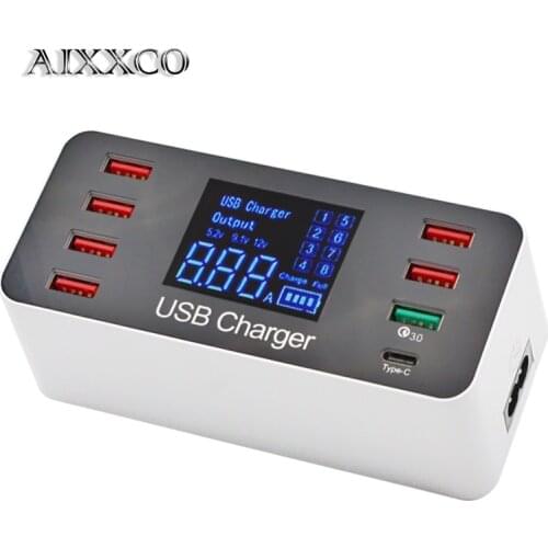 AIXXCO QC3.0 With LED Display USB Charger for iPhone X 8 7 iPad desktop wall Charger for Samsung S9 Xiaomi Mobile Phone Charger