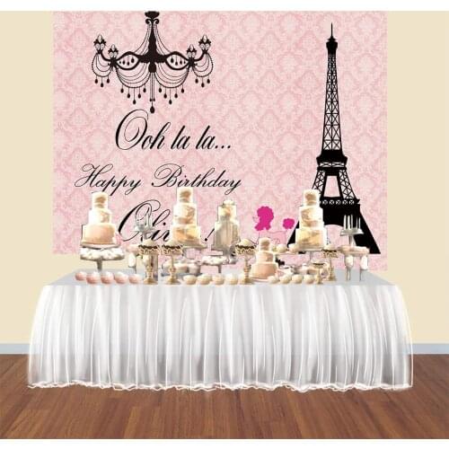 Parisian Paris themed birthday party backdrop Eiffel Tower pink damask background banner poster coustom candy table dessert