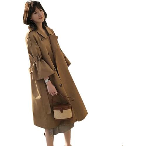 2019 spring autumn long women windbreaker new trumpet sleeves solid Korean women windbreakert loose double-breasted trench coat