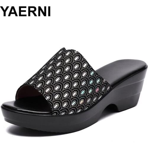 YAERNI women slipper 2020 ladies summer slippers shoes women wedges heels fashion Bling summer shoes Geuine leather