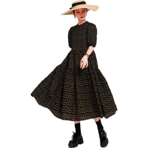 Yellow Floral Pattern Girls Summer Dress Womens Spring Preppy Seersucker Dresses Mid-Calf O-Neck Mid Sleeves