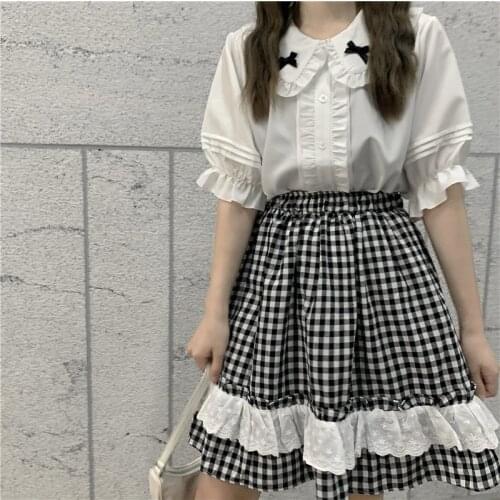 Japanese Summer Outfit Women White Lolita Style Peter Pan Collar Bow Shirt Korean Lace Ruffle Plaid Skirt Mini 2 Piece Set Sweet