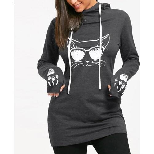 Women Plus Size Harajuku Cat Printed Hoodies Long Sleeve Dress Drawstring Sweatshirt Korean Style Sueter Feminino Wz
