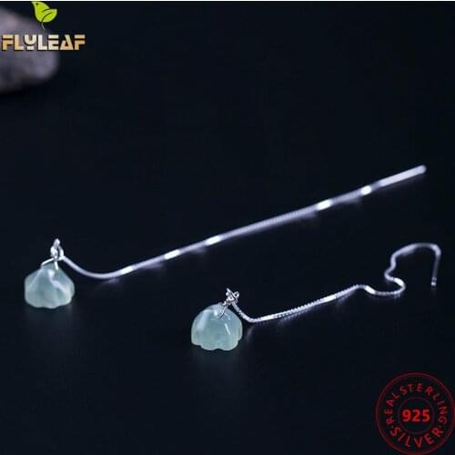 Flyleaf 100% Natural Stone Lotus Jade 925 Sterling Silver Long Earrings For Women Fine Jewelry For Women High Quality Vintage