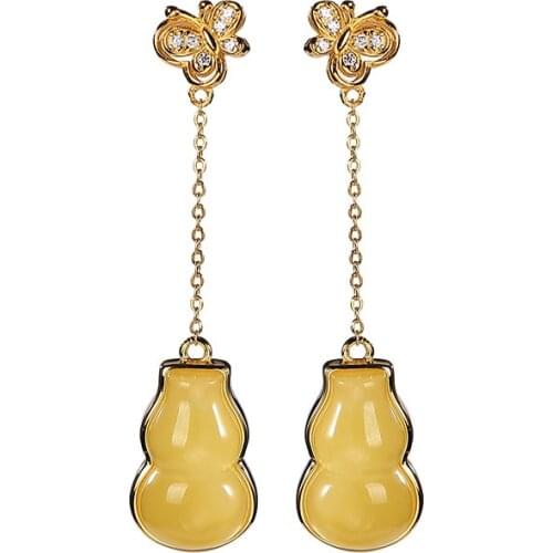 S925 sterling silver gold-plated natural amber stud earrings vintage butterfly gourd earring pendant for ladies earrings