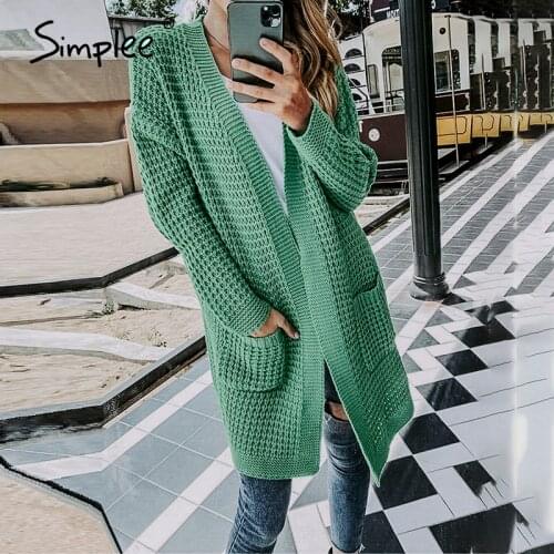 Simplee Casual knitted long cardigan female Loose cardigan knitted jumper Warm autumn winter sweater women cardigan solid 2021