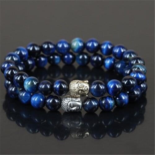2pcs High quality natural blue tiger eye stone round beads charm women bracelet buddha head men stretch bracelet