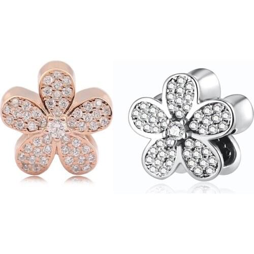 Authentic S925 Silver Bead DIY Jewelry Daisy Flower Charms fit Lady Bracelet Bangle Rose & Clear CZ