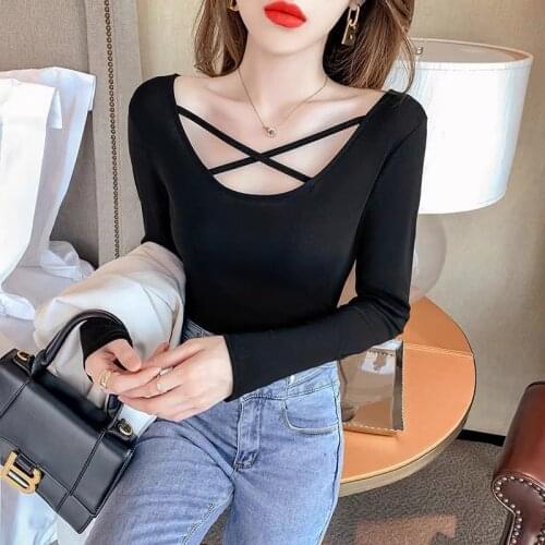 Womens T Shirt Sexy Cross Hollow Out O Neck Long Sleeves Slim Cotton Tops Wholesale Spring Autumn 2021 New Fashion Lady Clothes