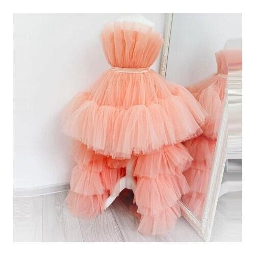 Custom Made Hi Low Tulle Kids Dresses Strapless Ruffles Extra Fluffy Tiered With Train Girls Performance Gowns