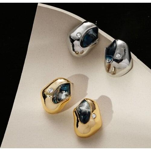 SRCOI Exquisite Irregular Metal Pave Zircon Earrings Resin And Metal Stitching Geometric Minimalist Fashion Luxury Earrings New