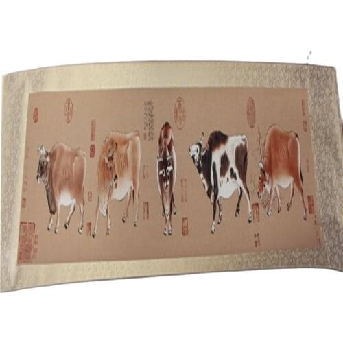 Chinese Old long Scroll Painting five cattle Picture