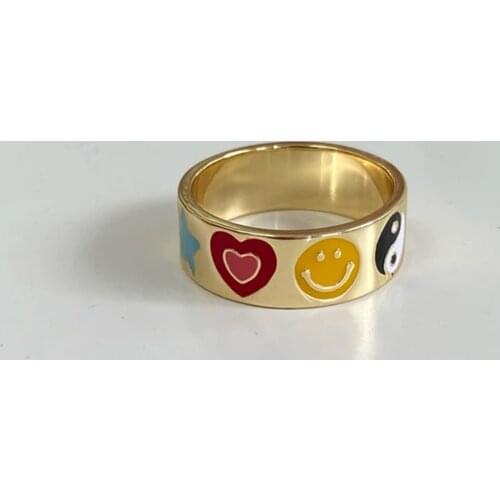 INS Hot Gold Color Colorful Epoxy Heart Smile Ring Jewelry Multielement Love Tai Chi Finger Band Ring For Women Girl Party Gift