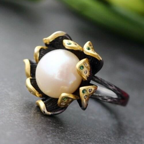 2020 New Handmade natural pearl sterling silver ring for women real s925 pure silver multi-layer petals adjustable female ring